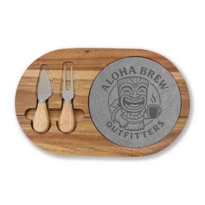 Engraved Bamboo Charcuterie Board with Cheese Knives — 'Aloha Brew Outfitters' Slate Inlay